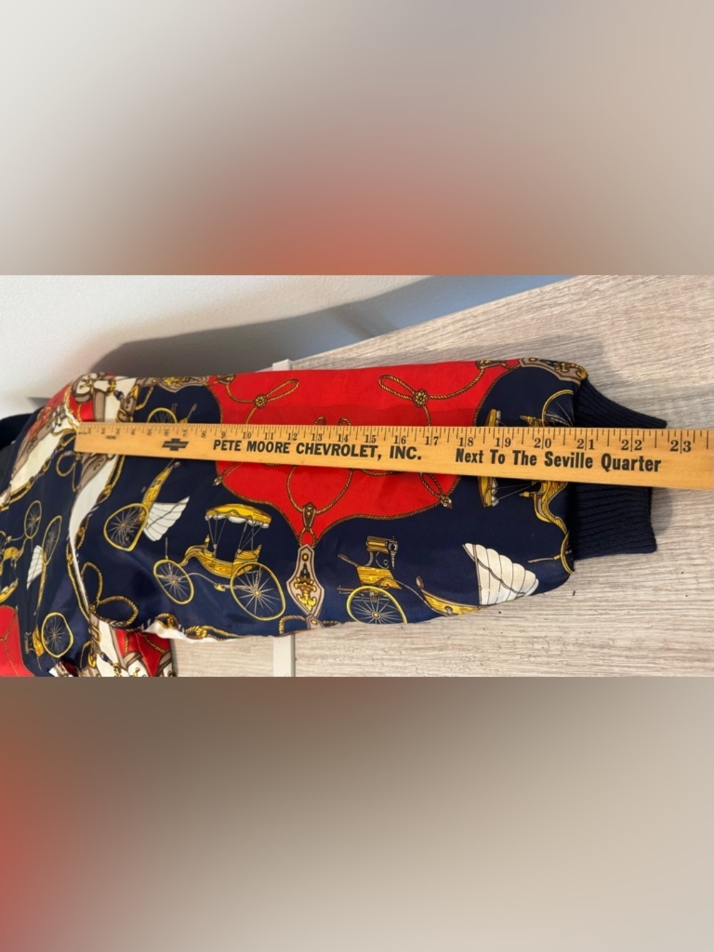 Vintage Angela Tong Bomber Jacket Equestrian Scarf Print Red Navy Retro M *READ* - Picture 10 of 13